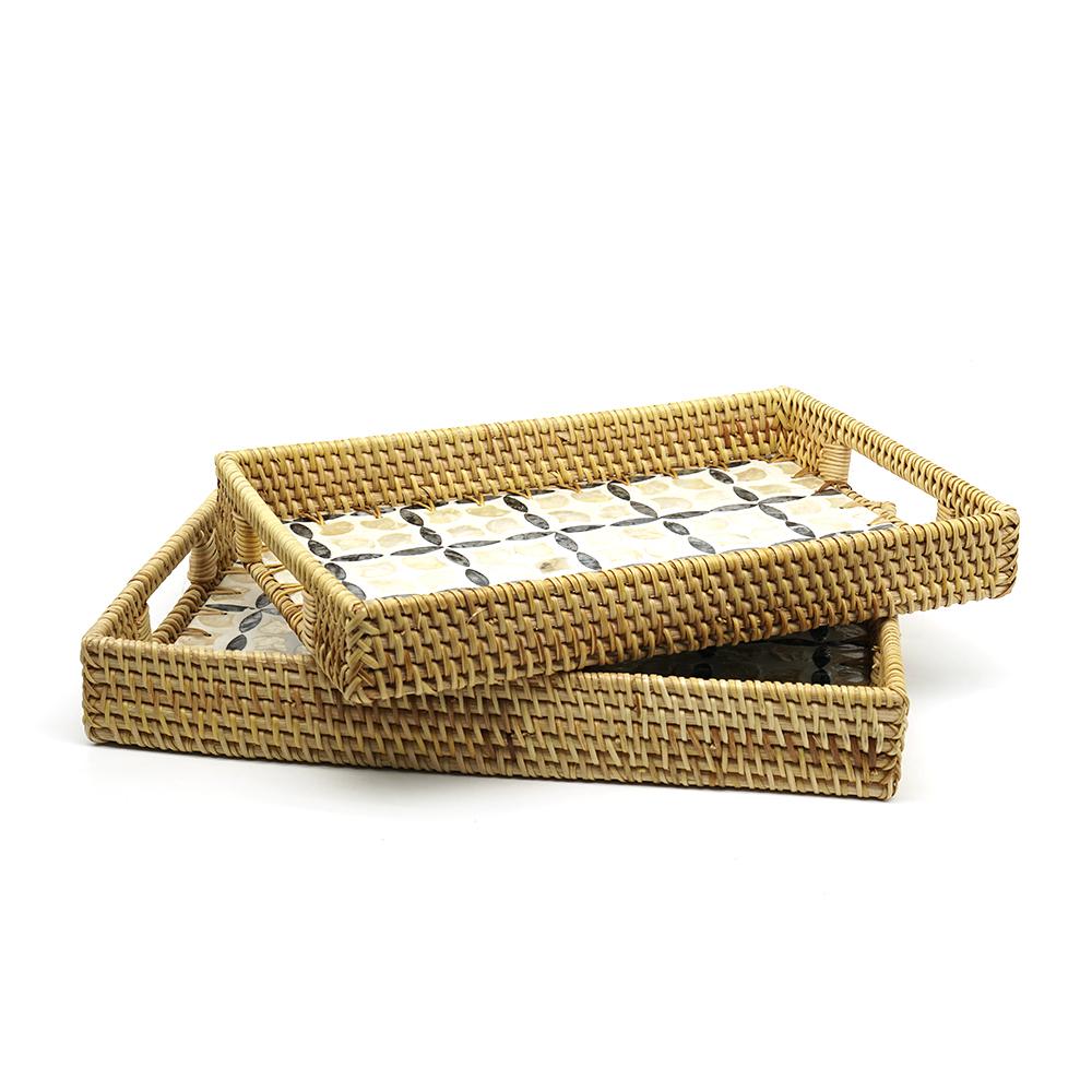 Khay mây chữ nhật ECOHUB có họa tiết đáy vintage đựng hoa quả, ấm trà, đồ ăn, mỹ phẩm