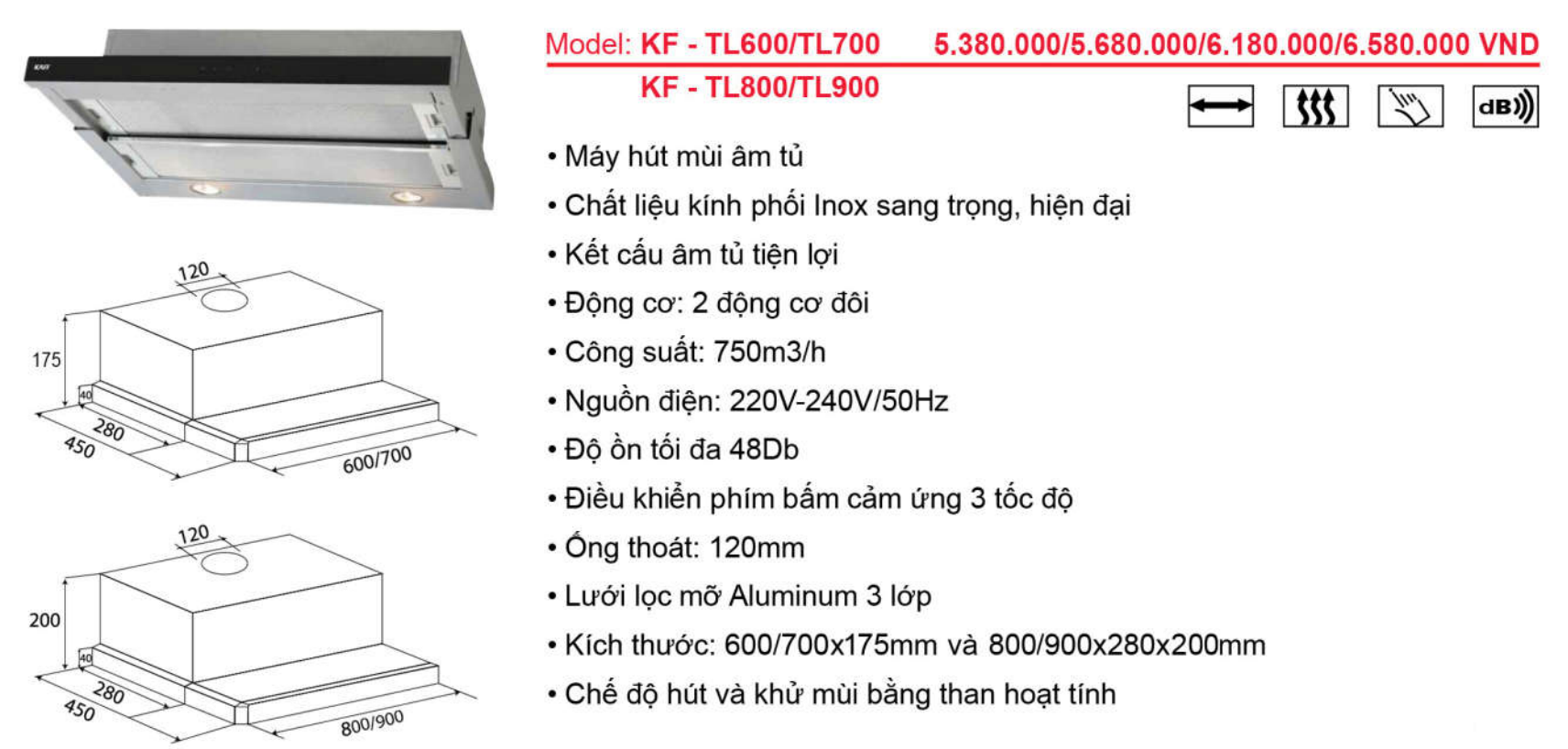 Máy hút khói, khử mùi âm tủ KAFF KF-TL700/KF-TL70H - Sản phẩm chính hãng