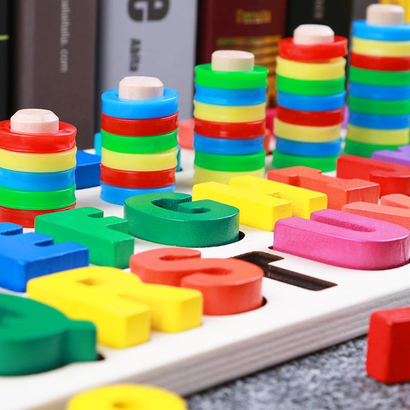 Đồ chơi gỗ cho bé học đếm số, cột tính bậc thang và bảng chữ cái, đồ chơi  giáo dục theo phương pháp Montessori  tặng tập tô màu