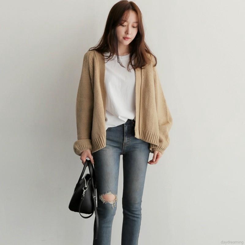 Áo khoác Cardigan dệt kim tay dài màu trơn thiết kế dáng rộng thoải mái