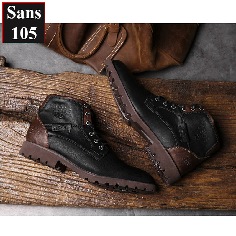 Giày boot nam martin boots Sans105 da bò thật big size 48 47 46 45 44 43 giầy cổ cao đen nâu đẹp bốt độn đế 6cm