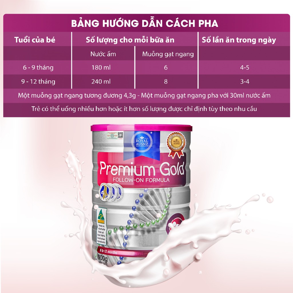 Combo 3 Hộp Sữa Bột Premium Gold Số 2 ROYAL AUSNZ Giúp Trẻ Hấp Thu Dinh Dưỡng, Tăng Cân Khỏe Mạnh 900g/hộp