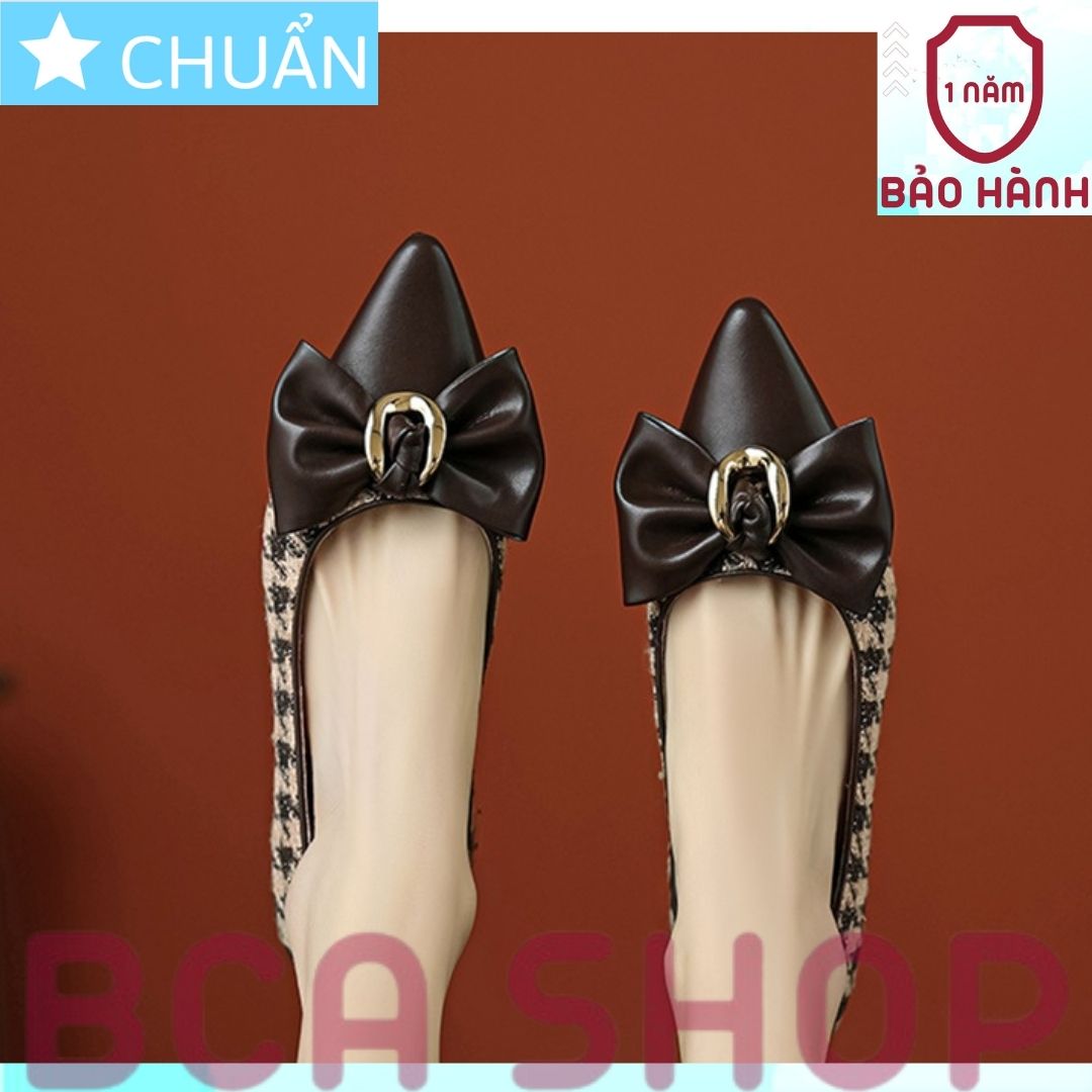 Giày Búp Bê Nữ Mũi Nhọn 2p RO484 ROSATA Tại BCASHOP Có Gắn Nơ Thời Trang - Ca rô Màu Nâu