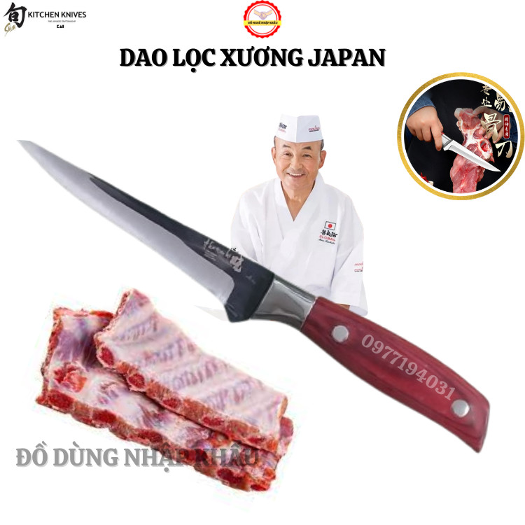 Dao lọc xương Japan siêu bén lưỡi thép xanh ốp 3 lớp tay ốp gỗ HINOKI chống trượt cao cấp