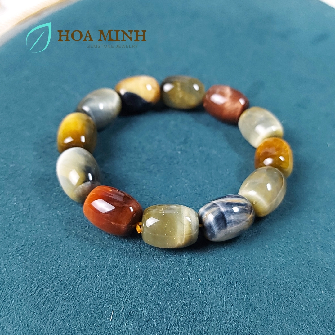 Vòng tay đá Mắt Hổ tam tài VIP thiên nhiên kiểu lu thống size 12x16mm phong thủy tài lộc