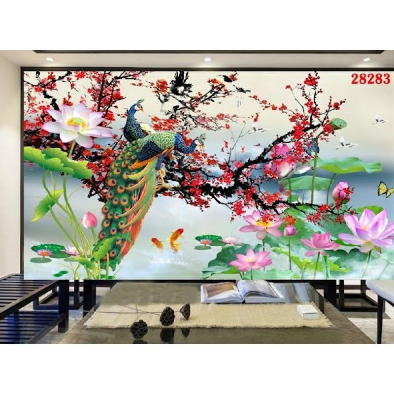 Tranh chim công hoa mẫu đơn dán tường 3d. tranh vải lụa KT 120x80 cm. in kích thước theo yêu cầu liên hệ 0989685926