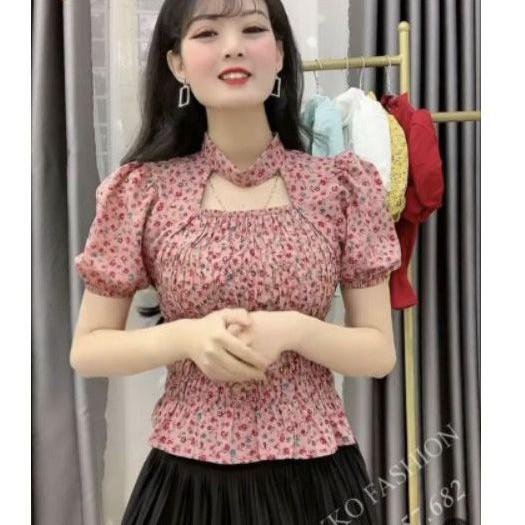 Áo Kiểu Hoa Nhí Ngắn Tay _ Thiết Kế Khoét Ngực Và Bo Chun