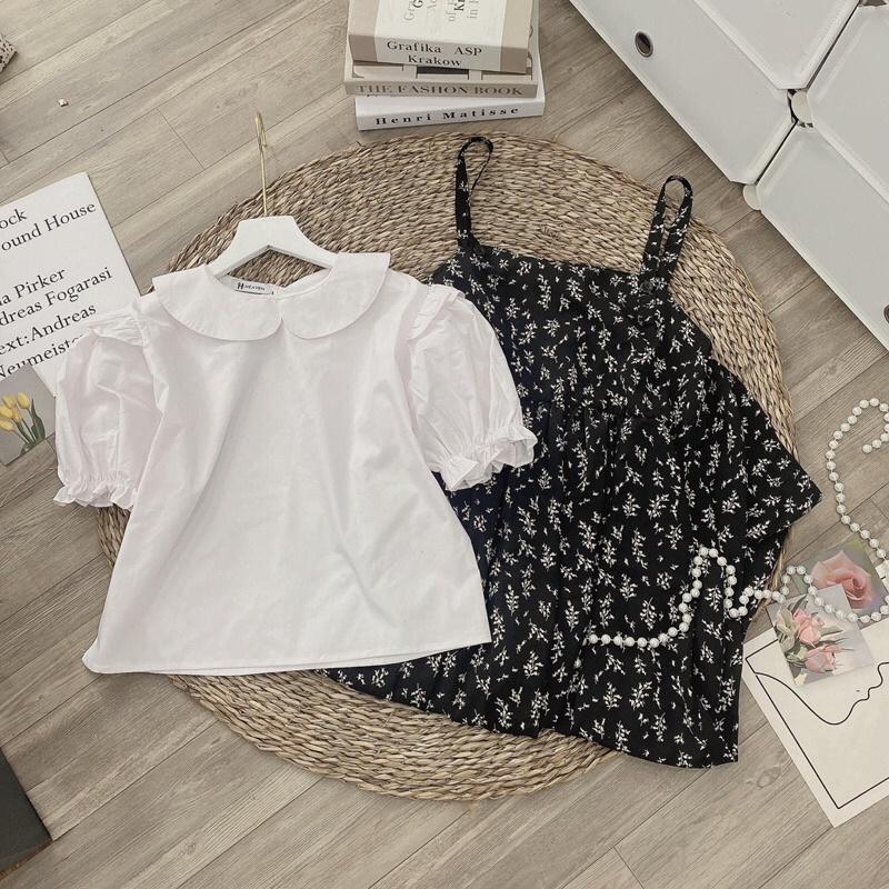 Set áo sơ mi crt yếm hoa đen 0721