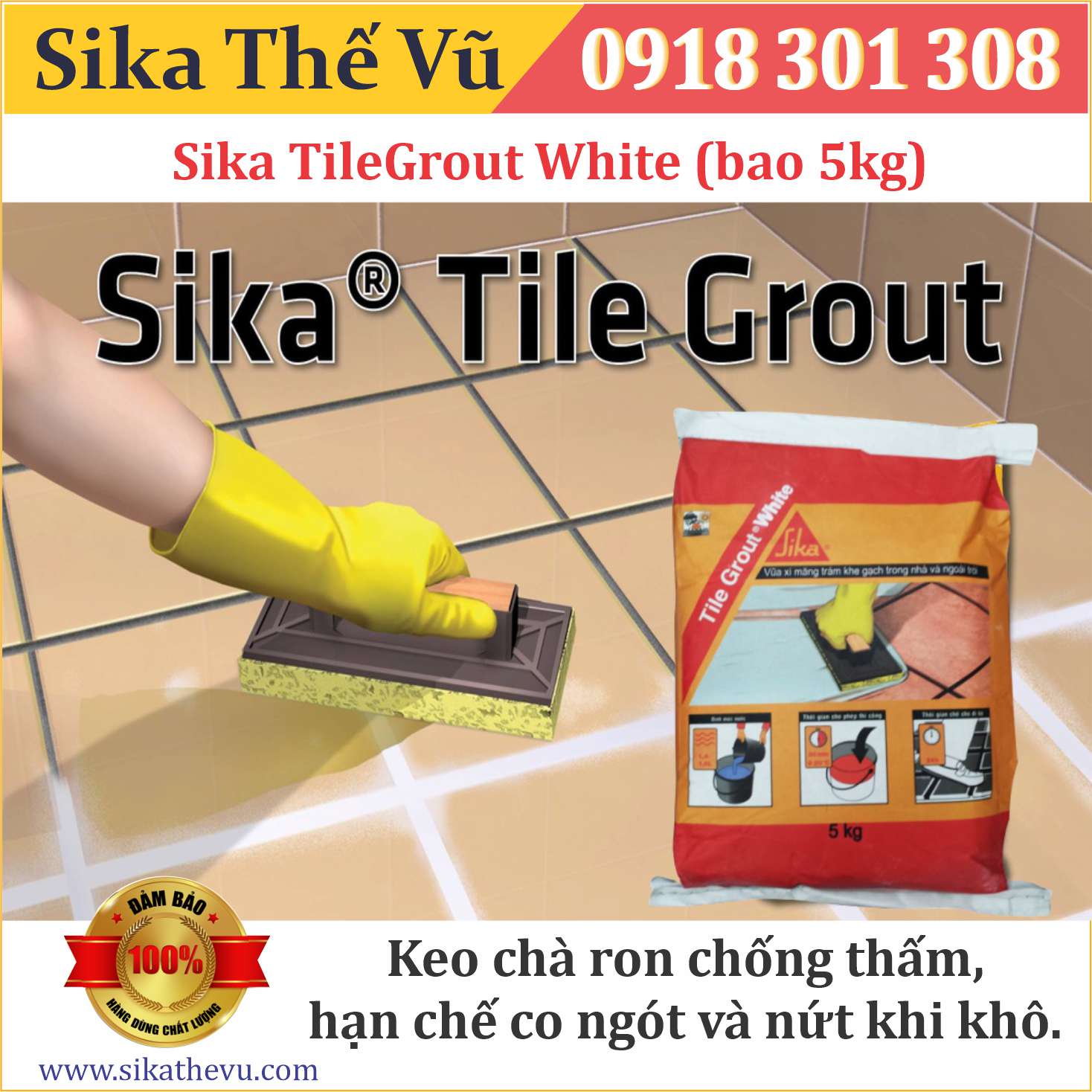 Keo chà ron chống thấm,chống bám bẩn - Sika TileGrout White (bao 5kg)