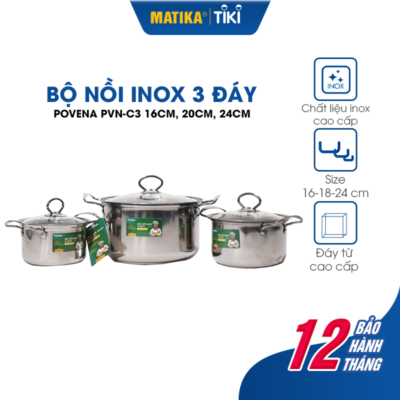 Bộ Nồi Inox 3 Đáy POVENA PVN-C3 Kích Thước 16cm – 18cm – 24cm - Hàng Chính hãng