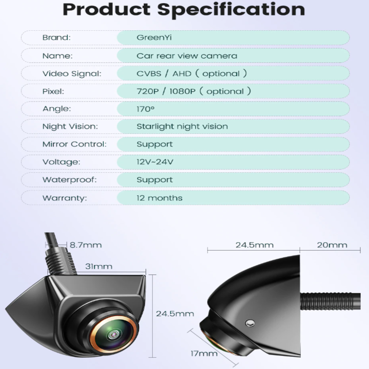 Camera lùi GreenYi G3AHD899 xoay 360 độ, độ nét cao AHD 1080P - Công nghệ cảm biến quang học, chip xử lý cực nét - HÀNG NHẬP KHẨU