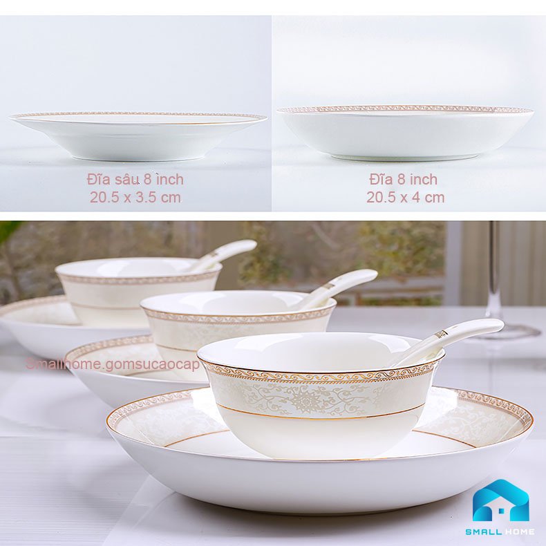 Bộ đồ ăn Họa Ảnh 56 món bằng sứ xương cao cấp, họa tiết viền tinh xảo, sang trọng, phong cách Bắc Âu.