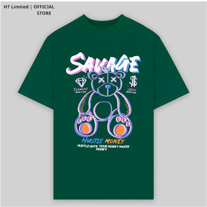 Áo thun tay lỡ thiết kế Unisex họa tiết gấu savage basic local brand HT Limited, 100% Cotton Cao Cấp dày mát
