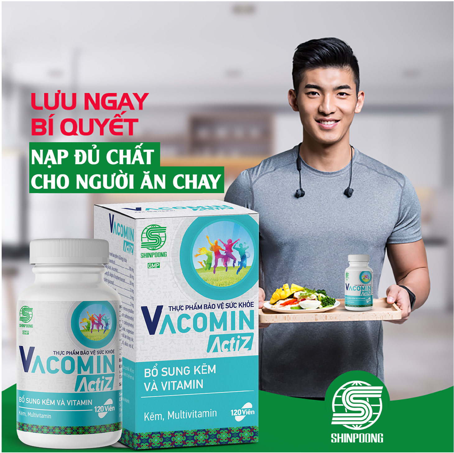 Thực Phẩm Bảo Vệ Sức Khỏe bổ sung vitamin tổng hợp, vitamin nhóm B, E, C và Kẽm hữu cơ Shinpoong Vacomin ActiZ - Hộp 60 viên