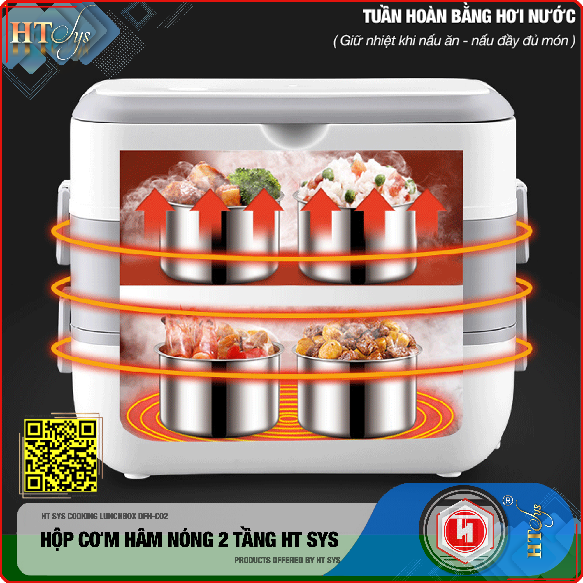 Hộp cơm văn phòng hâm nóng cắm điện HT SYS ● COOKING LUNCHBOX-DFH C02 ● Hộp Cơm Cắm Điện Có Thể Nấu Chín Và Hâm Nóng Thức Ăn  ● Ruột Bằng Inox SUS304 Cao Cấp (200W,2 lít,4 Ngăn) ● Hàng Chính Hãng