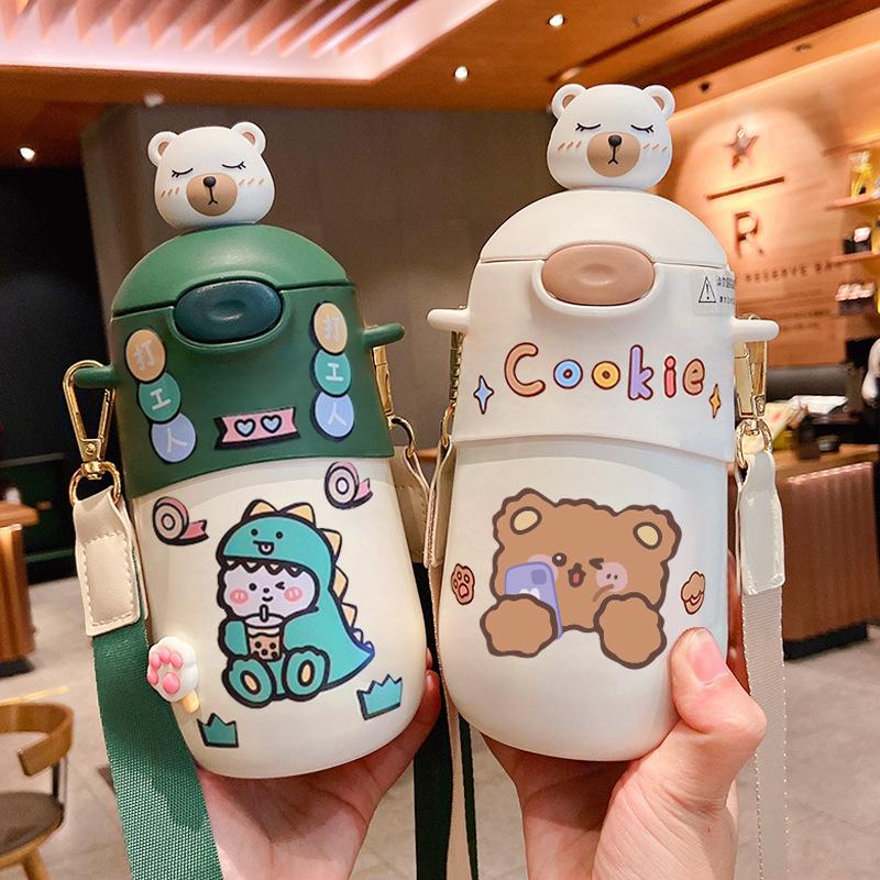500 ML Mới Kawaii Gấu Bình Giữ Nhiệt Dễ Thương Cho Trẻ Em Ống Hút Nước Inox Cách Nhiệt Học Sinh Bé Gái Nhiệt Uống Chai