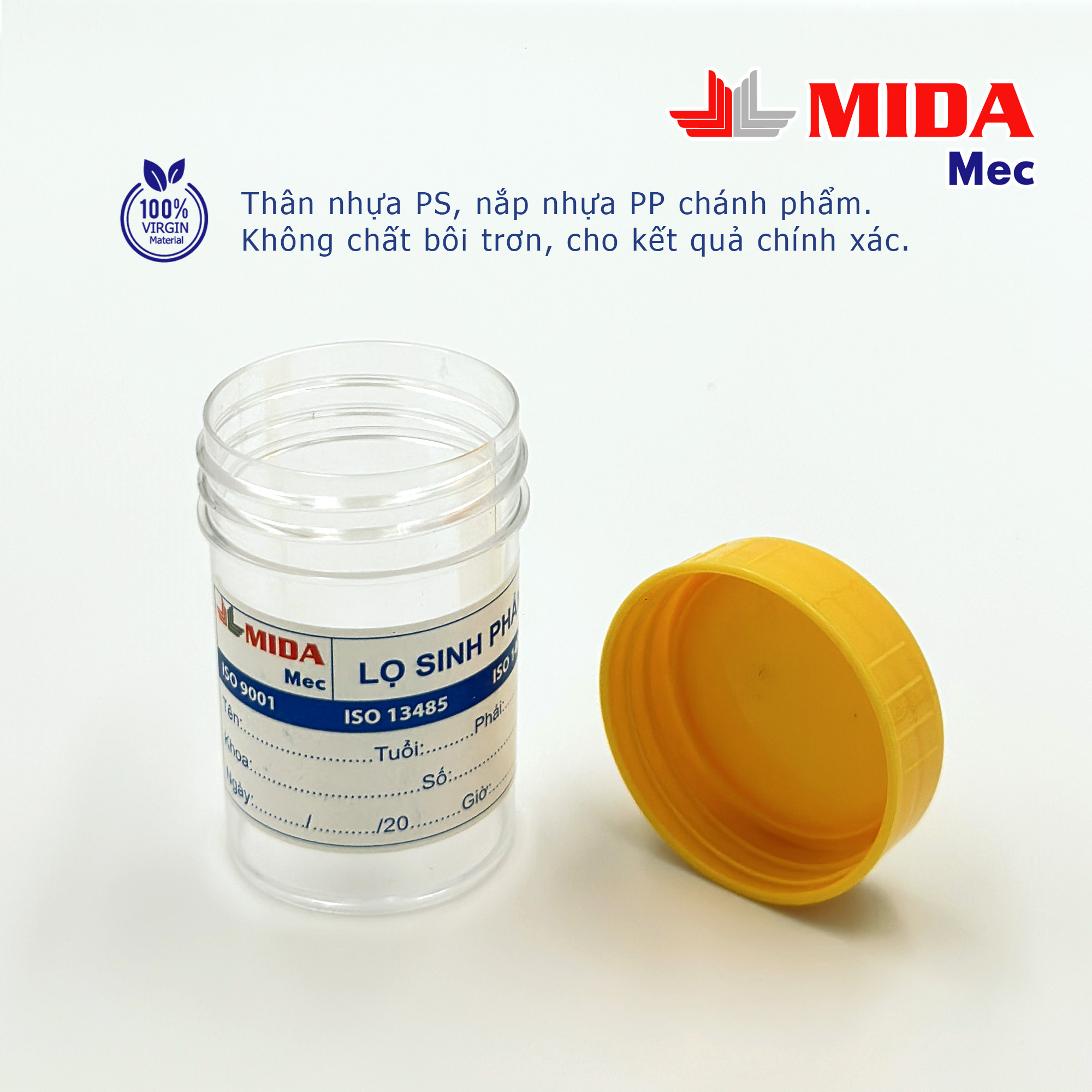 Lọ đựng mẫu phân MidaMec không gá 40ml PS đóng gói 100 lọ/bao - Nắp Vàng