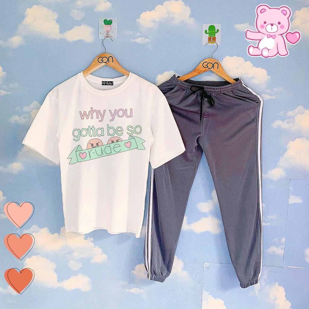 Set áo tay lửng quần thun XÁM XANH unisex, quần dài 2 sọc, 3 sọc, Áo tay lỡ và quần thể thao