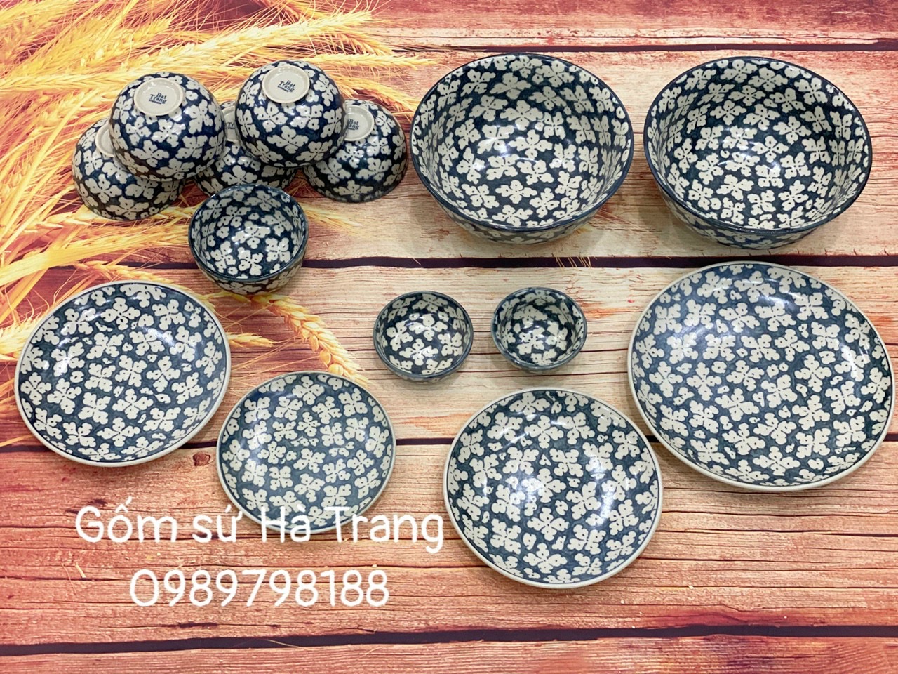 Bộ bát đĩa gốm sứ Bát Tràng cao cấp không chì men rạn vẽ hoa bèo hàng xuất dư cao cấp