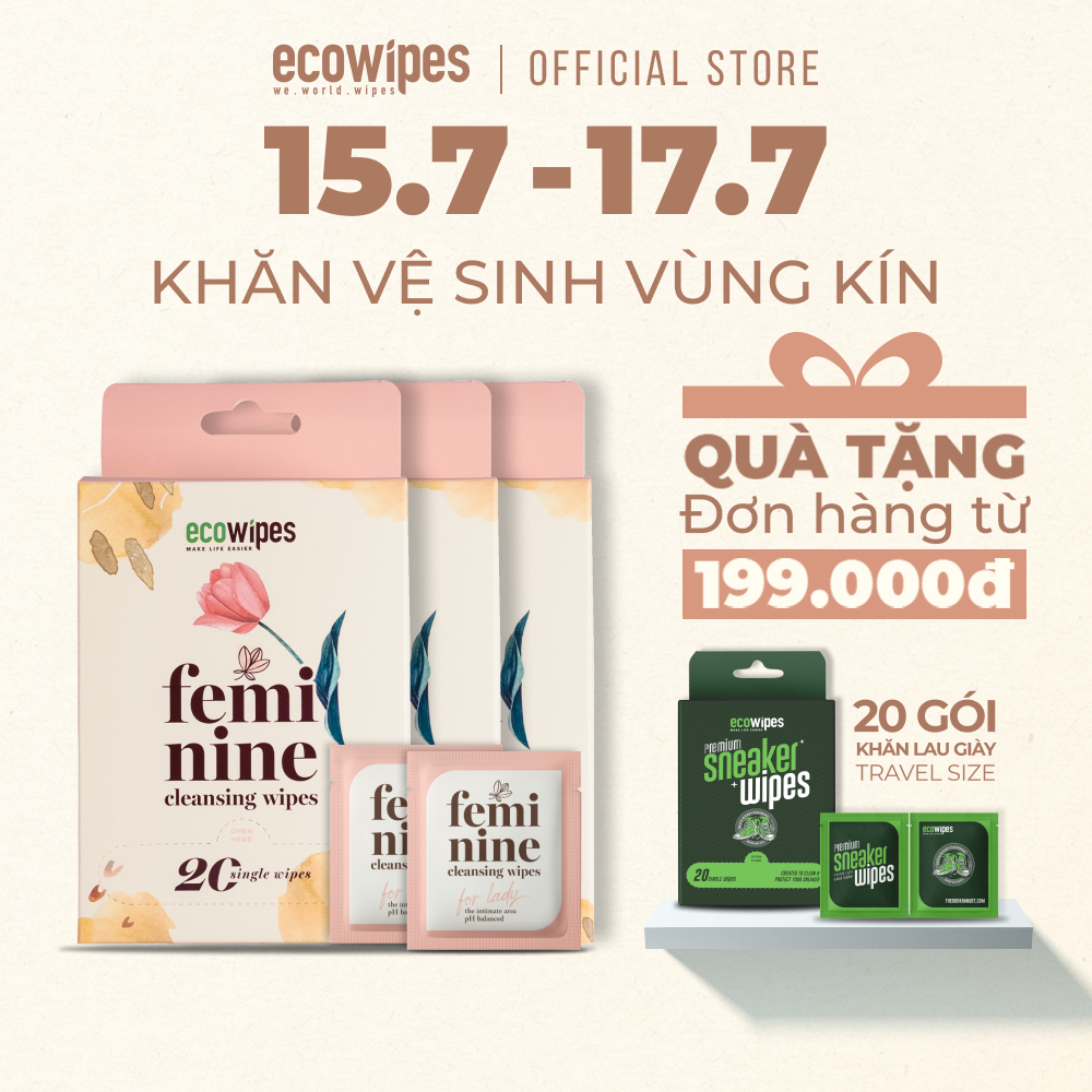 Combo 3 hộp 60 gói khăn giấy ướt phụ khoa Ecowipes travel size vệ sinh cá nhân phụ nữ hương Daisy size 15x20cm nhỏ gọn bỏ túi