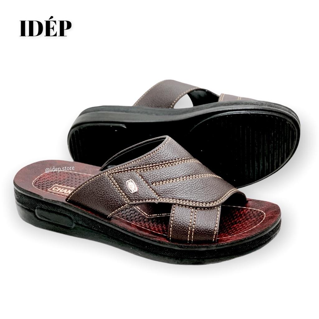 Dép da nam quai ngang đế PU cao 3cm đúc nguyên khối cho nam trung niên iDÉP DL254