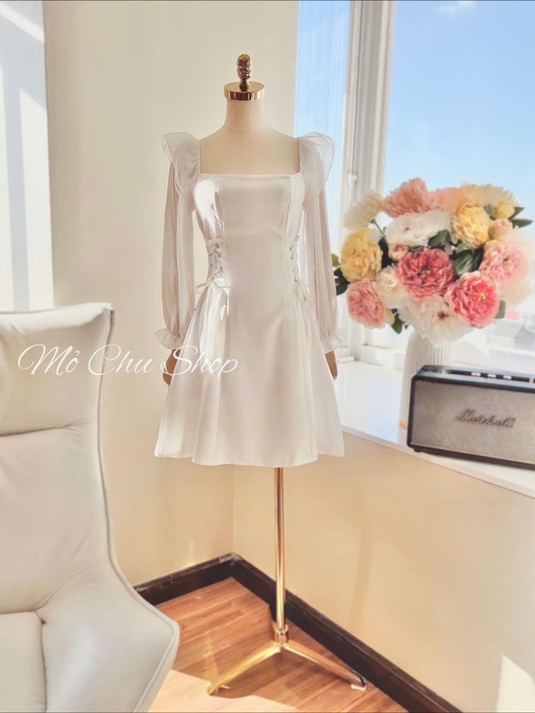 Đầm xòe cổ vuông đan eo dài tay