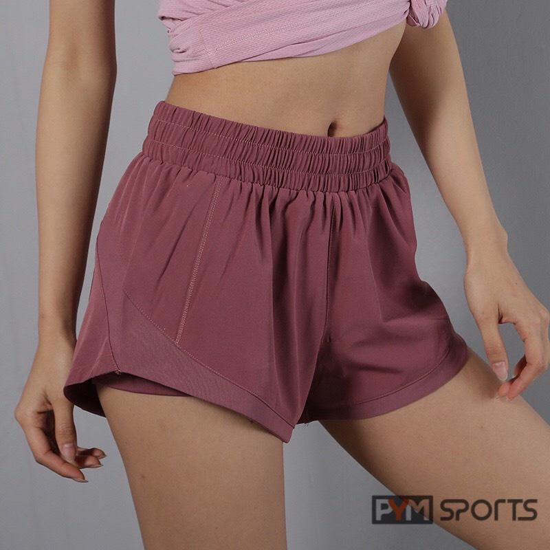 Quần đùi short PYMSPORT - PYMQT005 tập gym, tập yoga, tập thể thao 2 lớp, pha lưới, 3 màu đen, trắng, hồng