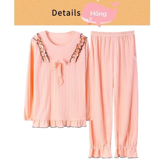 Đồ bộ Thu Đông nữ mới nhất, vải cotton 100% mềm mại thoáng khí, màu hồng tôn da, họa tiết và thiết kế độc