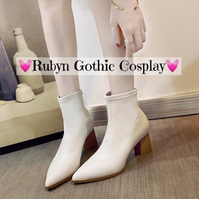 Giày Boot cao gót mũi nhọn đế vuông màu trắng kem hottrend ( Size 35 - 39 )