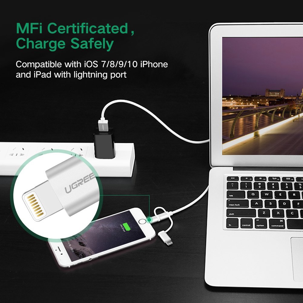 Cáp sạc điện thoại, smartphone 2 trong 1 Ugreen 20749 dài 1.5m chuẩn Micro USB và Lightning, sợi dây dầy, 3 đầu bọc aluminium - Hàng Chính Hãng