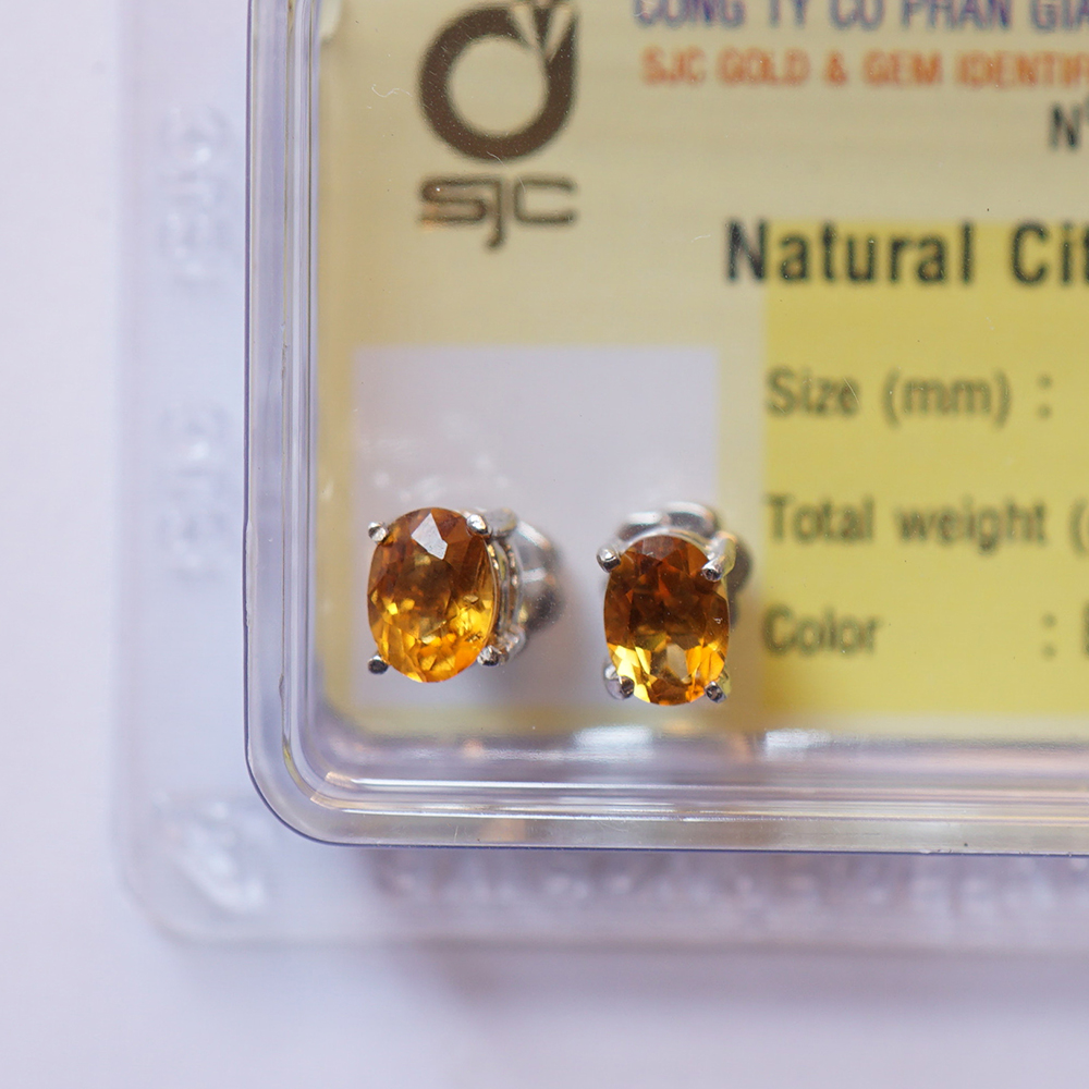 Bông tai Citrine Thạch Anh Vàng tự nhiên mài giác oval 5×7 li kiểm định