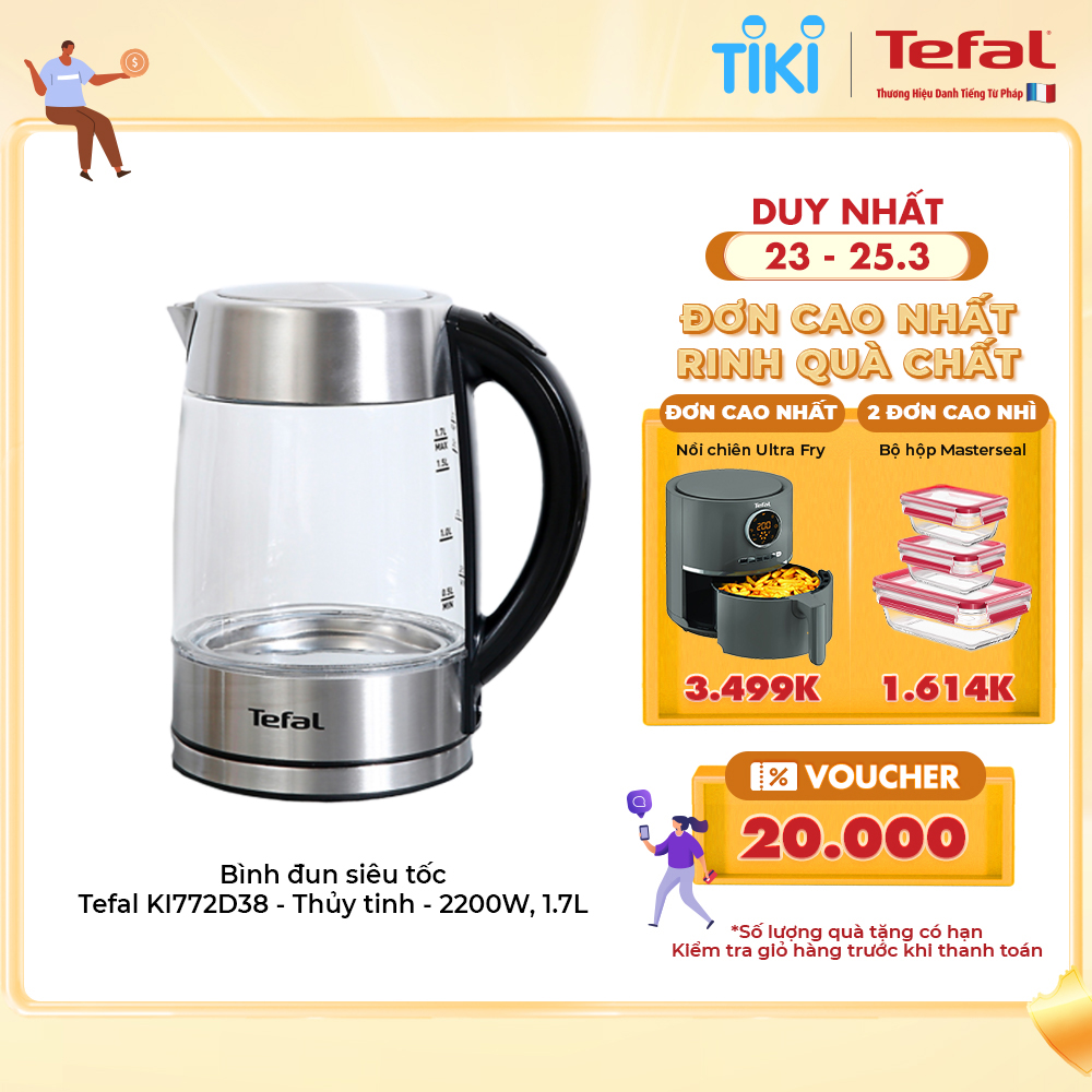 Bình đun siêu tốc thủy tinh 1.7L Tefal KI772D38 - 2400W - Hàng chính hãng