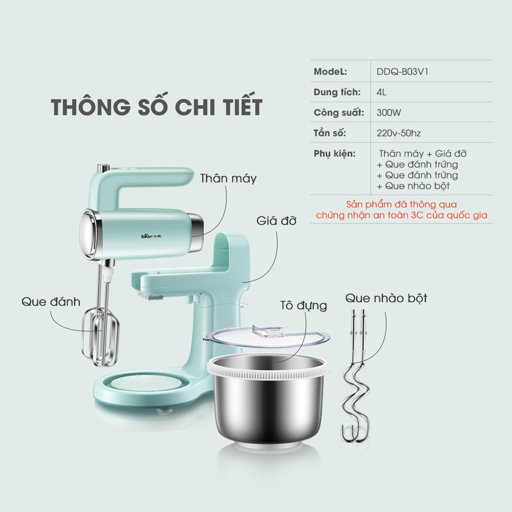 Máy Đánh Trứng / Bột / Kem Đa Chức Năng Bear, Dung Tích 4L - Hàng Chính Hãng