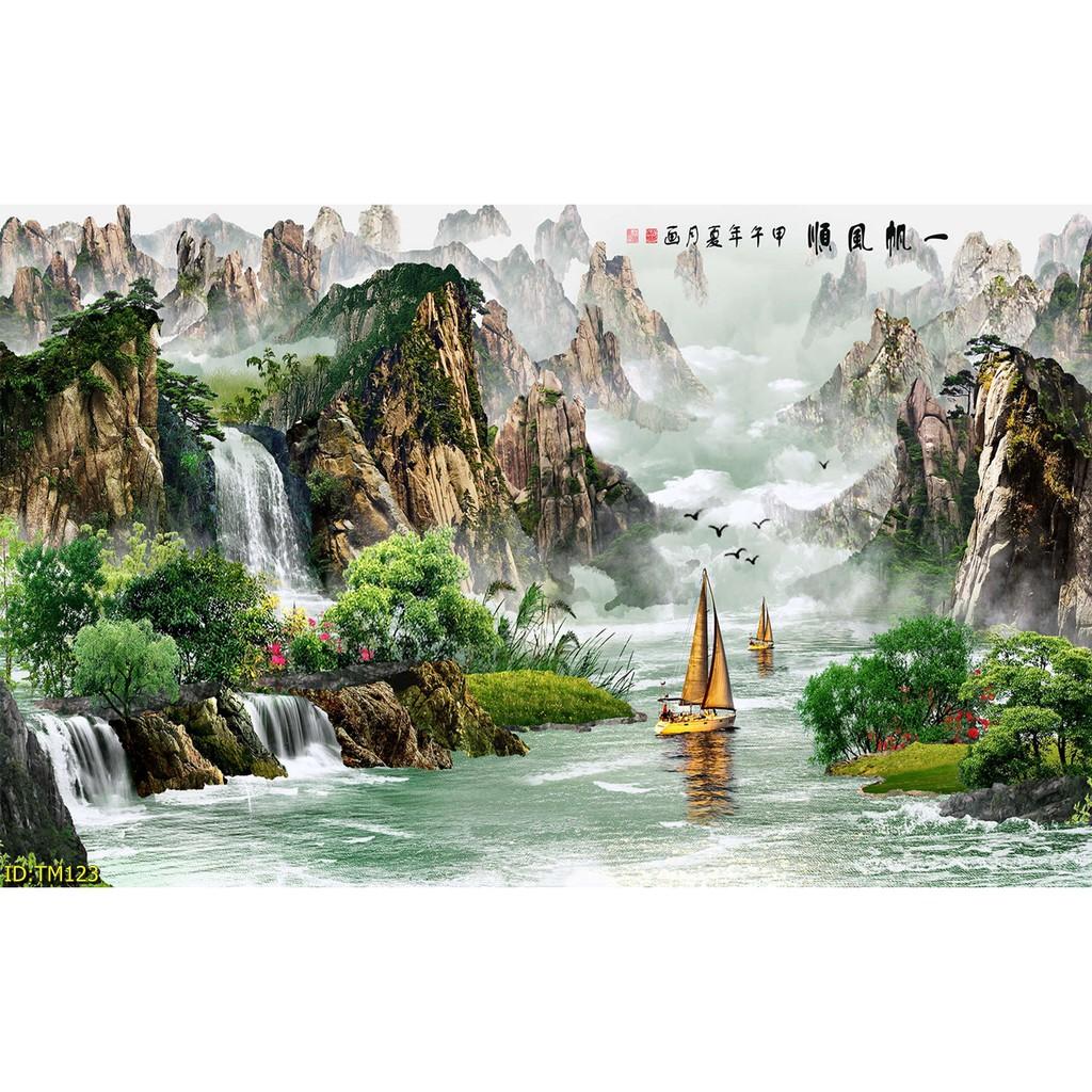 Tranh dán tường Tranh thủy mặc, phong cảnh hữu tình,Tranh dán tường 3d hiện đại