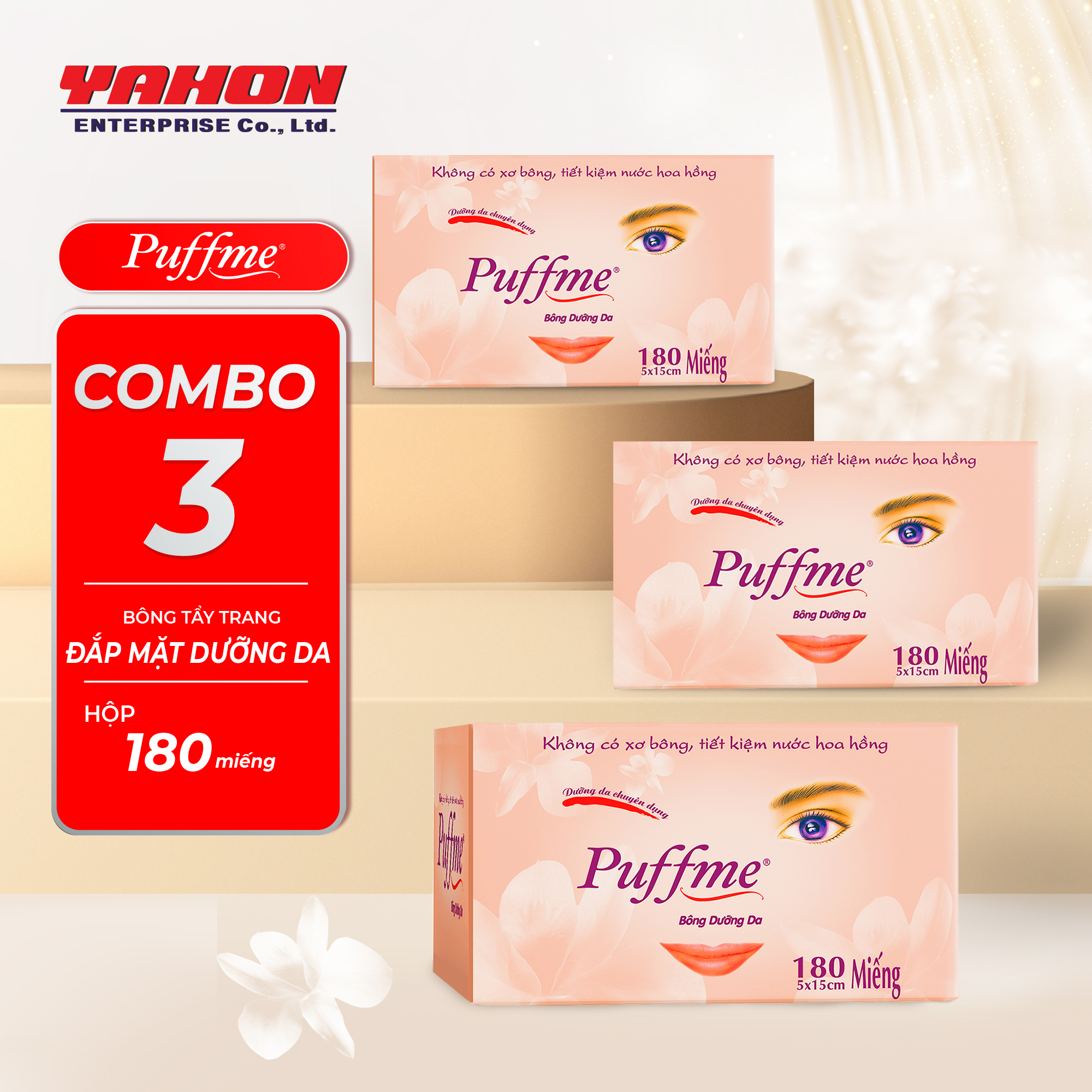 Combo 3 Hộp Bông Dưỡng Da PUFFME Airlaid, 180 Miếng/Hộp