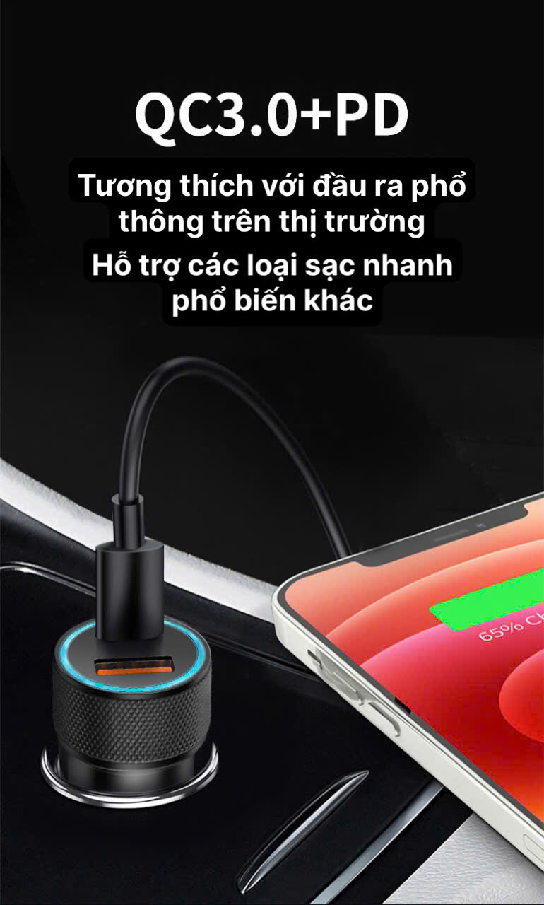 Củ sạc xe hơi Li-Top QC22 công suất 100W sạc siêu nhanh phù hợp các loại ô tô, có QR check hàng chính hãng