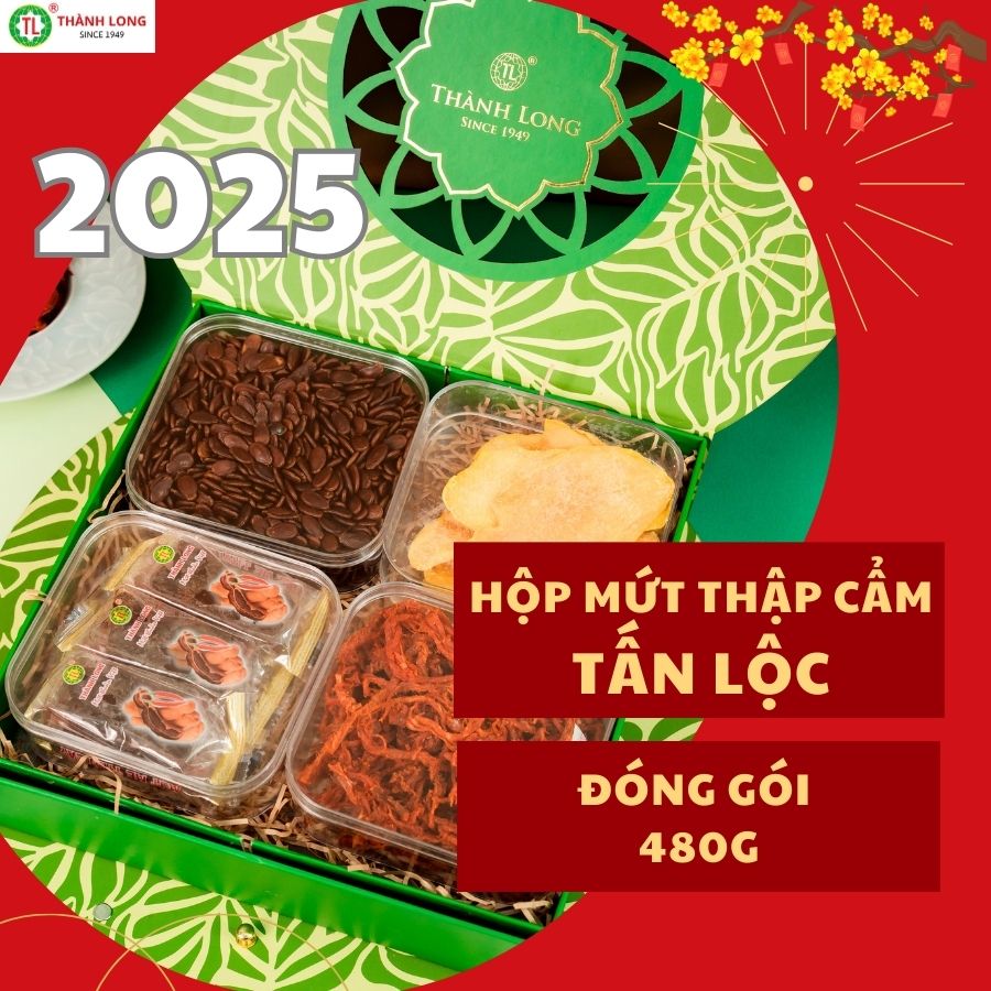 Hộp mứt thập cẩm Tấn Lộc - Thành Long gồm 4 loại khô bò sợi, hạt dưa, xoài sấy dẻo, mứt me thái cay