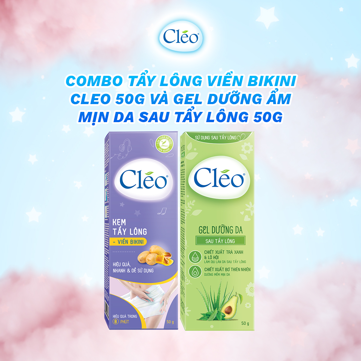 Combo tẩy lông Bikini Cléo 50g, an toàn không đau, hiệu quả trong 8 phút và gel dưỡng ẩm mịn da Cléo 50g