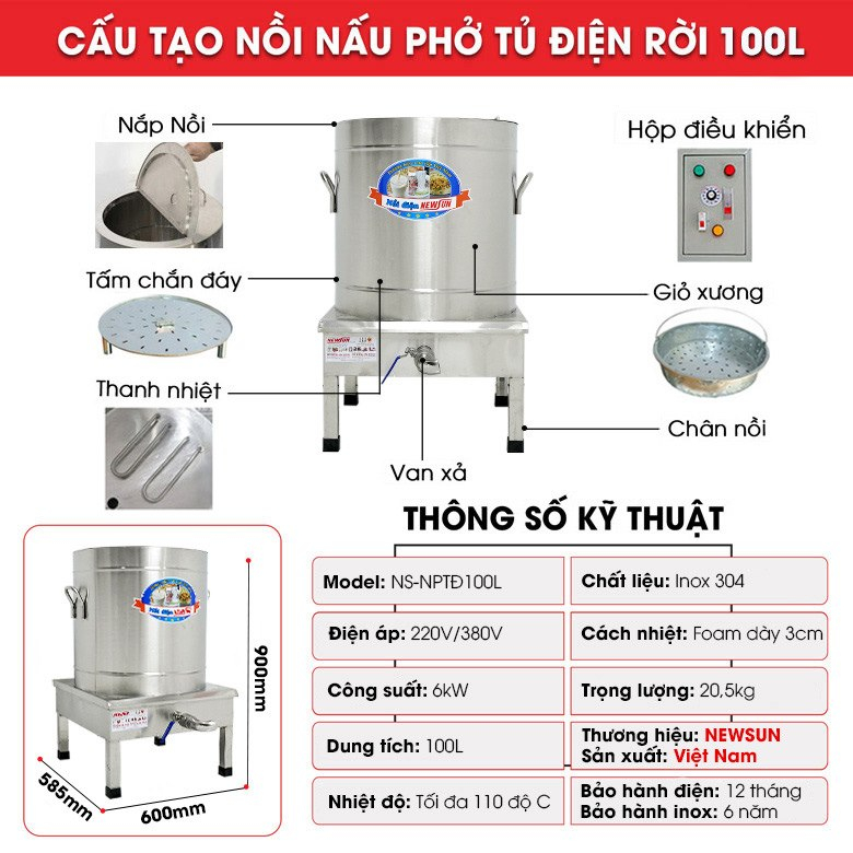 Nồi Nấu Phở Tủ Điện Rời 100L - Hàng Chính Hãng