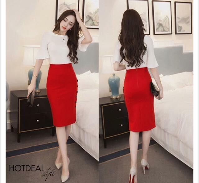 CHÂN VÁY BÚT CHÌ PHỐI NÚT