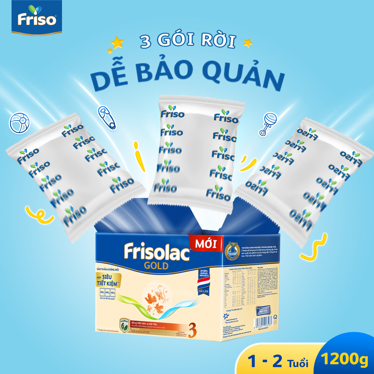 Combo 2 Hộp Sữa Bột Friso Gold 3 Hộp Giấy 1200G/hộp (Dành cho trẻ 1 - 2 tuổi)