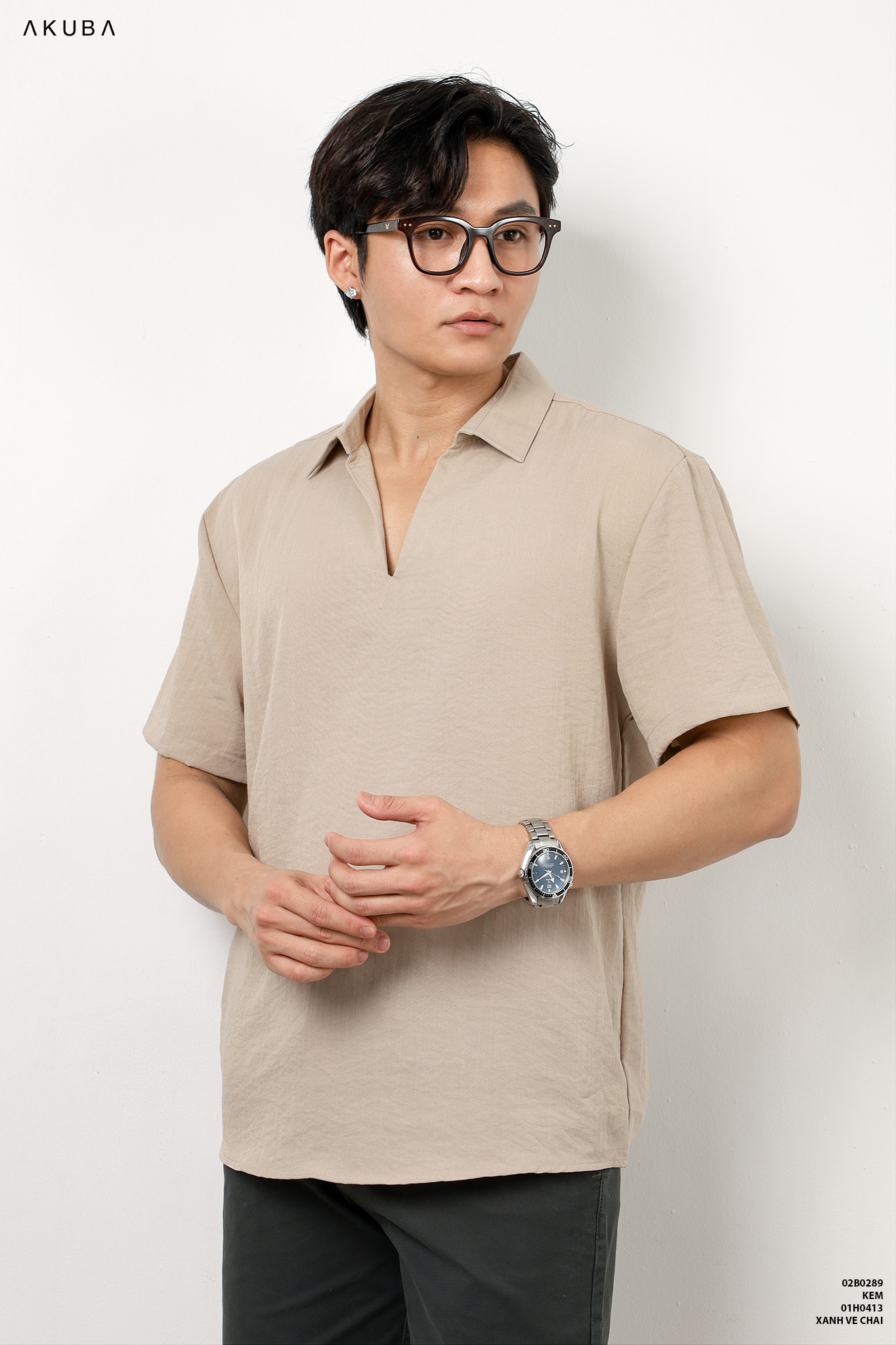 Áo linen nam có cổ tay ngắn trơn AKUBA form regular, vải linen nhẹ, thấm hút cực tốt, thân thiện môi trường 02B0289