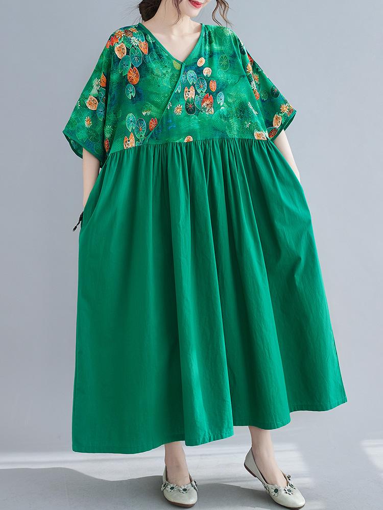 Vintage Women Cotton Linen Dress Print Splicing V Neck Wrapover Short Sleeve Pocket Casual Loose Oversized Maxi Dress