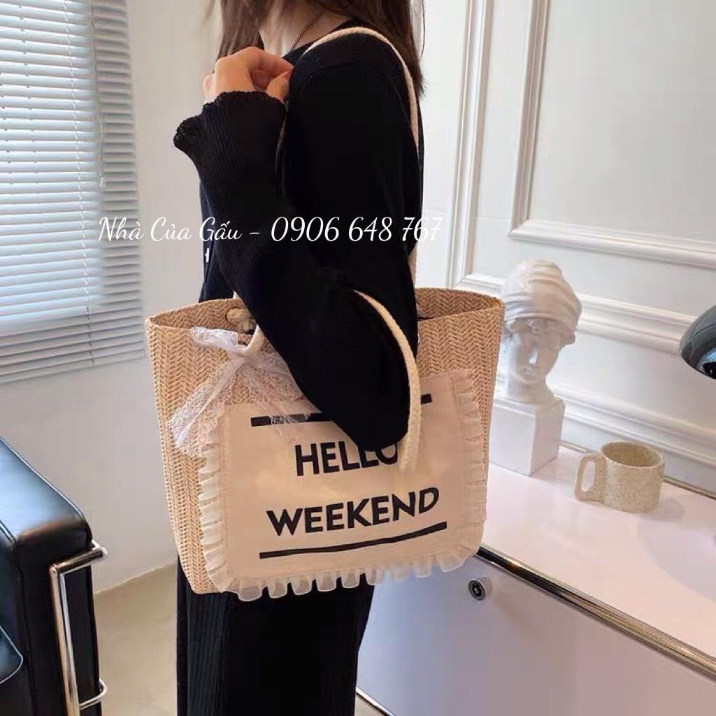 Túi cói Hello Weekend viền ren đeo vai dễ thương