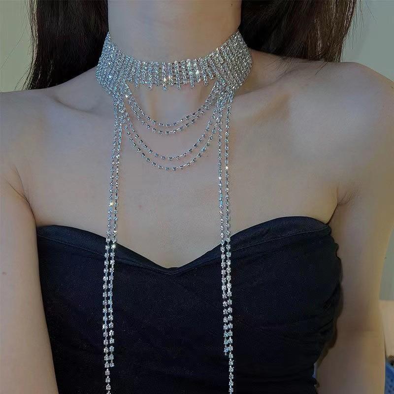 Dây chuyền đính đá tua rua, choker đính đá lấp lánh và nổi bật, trang sức đeo cổ cá tính