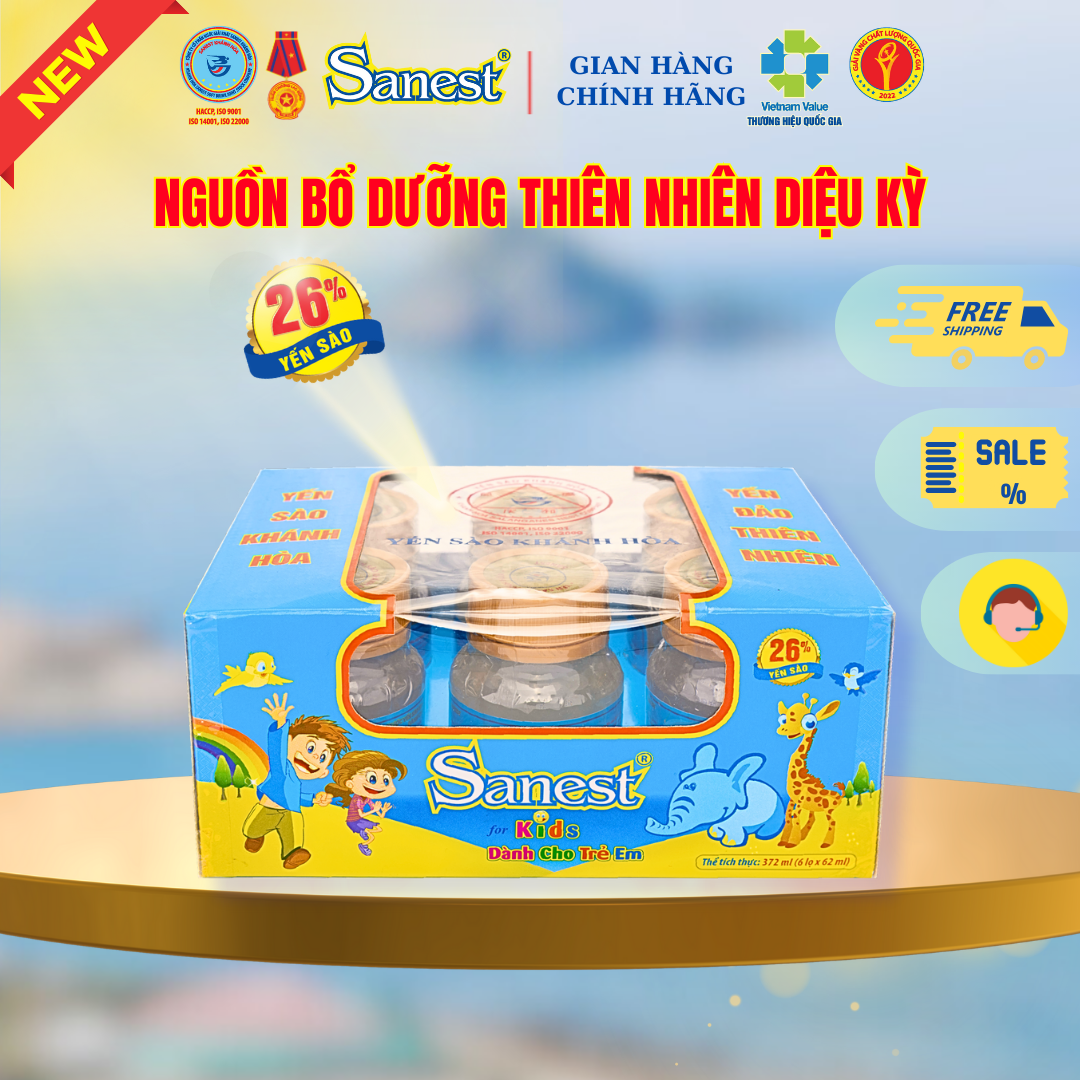 NEW [ Hộp 6 lọ quà tặng] Nước Yến sào Khánh Hòa Sanest 26% - Dành cho trẻ em