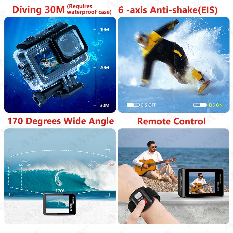 AXNEN AUSEK Camera hành động 5K 4K 60FPS EIS 48MP Màn hình cảm ứng 1080P Webcam Vlog WiFi Camera thể thao có điều khiển từ xa, Ống kính lọc tùy chọn
