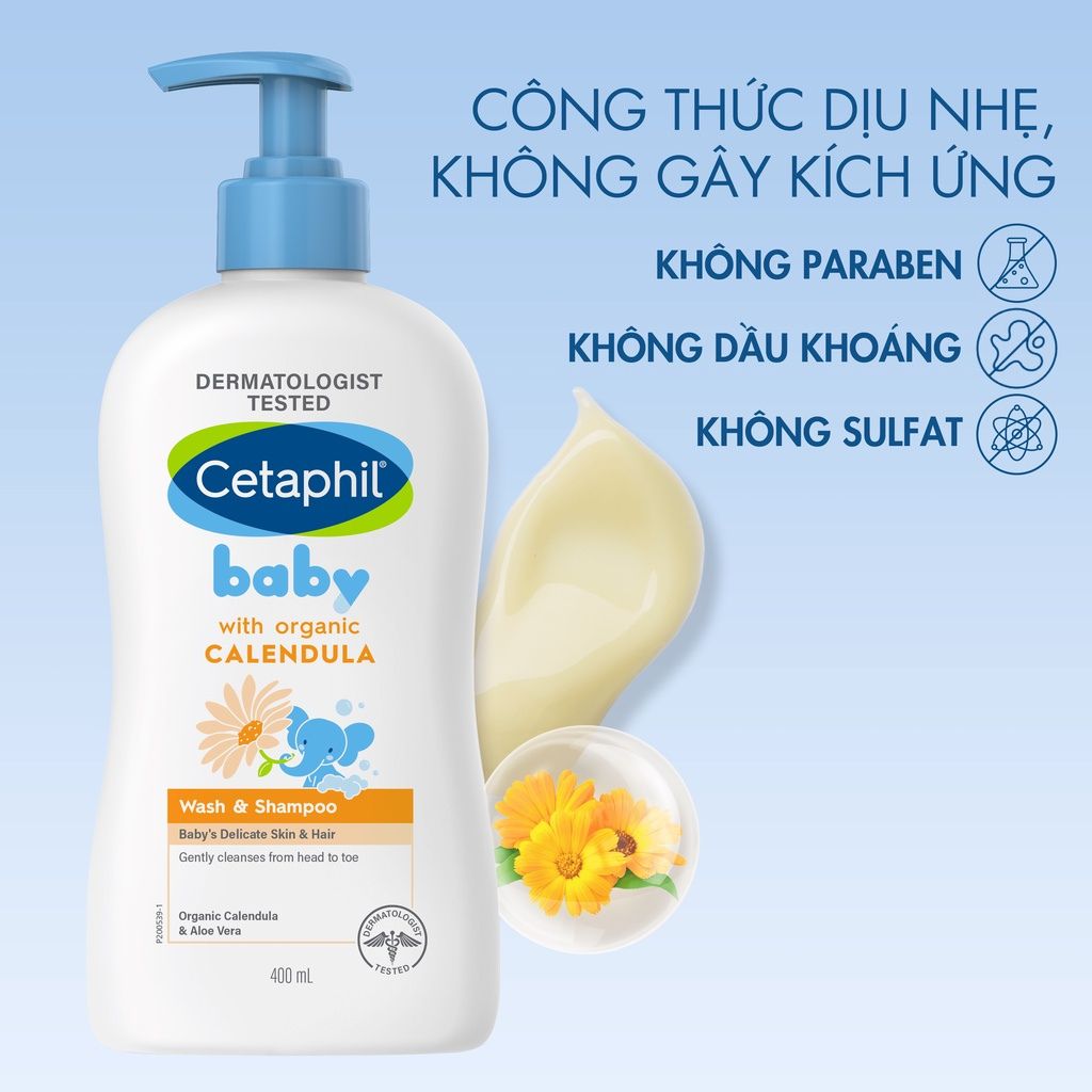 Combo Sữa tắm gội Cetaphil Baby W&S with Organic Calendula 400ml + Sữa dưỡng thể Cetaphil Baby with Organic Calendula 400ml