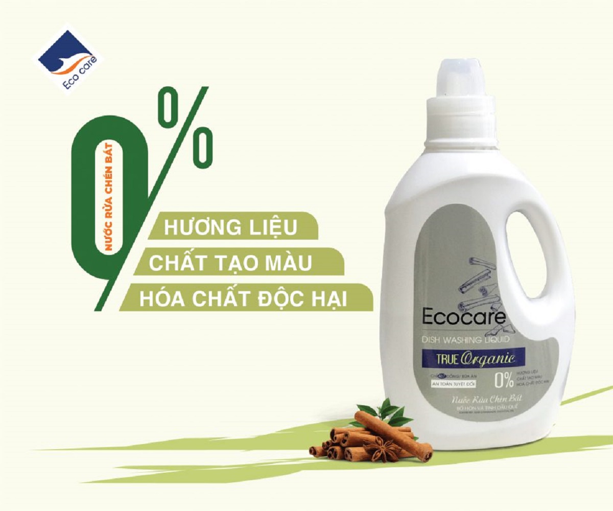 Nước rửa chén hữu cơ Bồ hòn Ecocare - 100% thực vật, không hóa chất, tinh dầu khử mùi, chăm sóc da tay, tiết kiệm nước 30% - Chai 2000ml - Quế