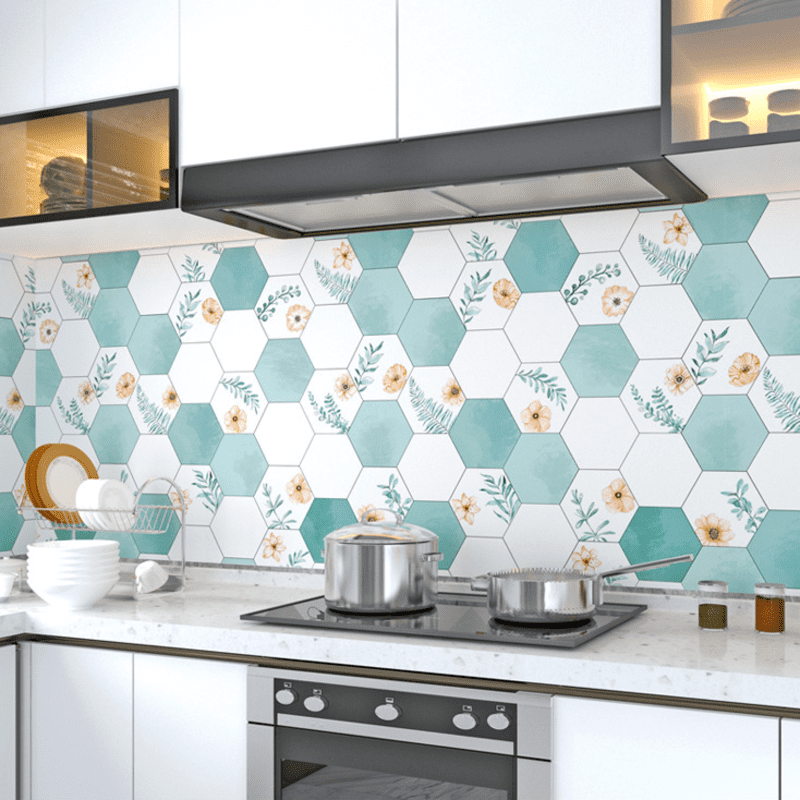 1 mét dài Decal dán bếp tráng nhôm Lục giác hoa trắng xanh khổ 60cm